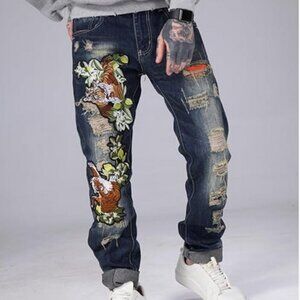 Enrica Men’s Ripped Straight Slim Moto Biker Jeans Tiger Streetwear Y2K Denim
